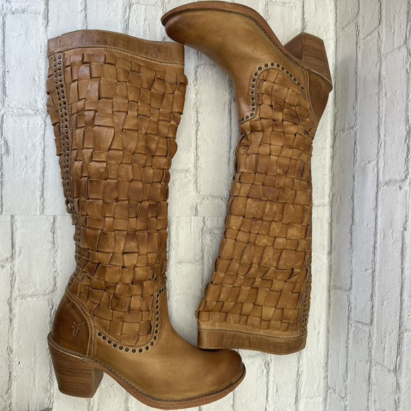 Frye Knee High Boots Light Brown Basket Weave Leather Heels 8 B - Picture 7 of 10